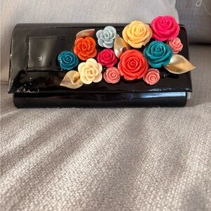 Floral Embellished Black Clutch